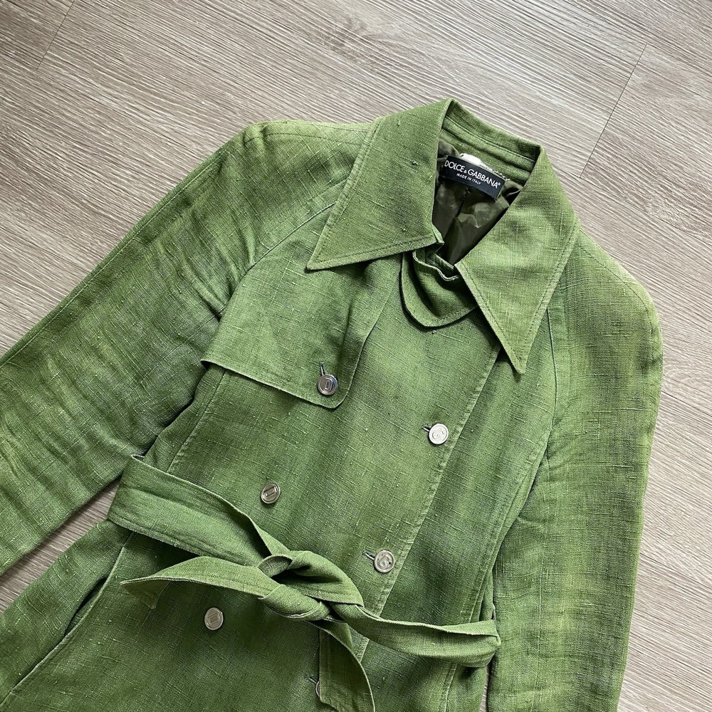 DOLCE & GABBANA 100% Italian Linen Trench Coat Women's 42 Green Designer Luxury